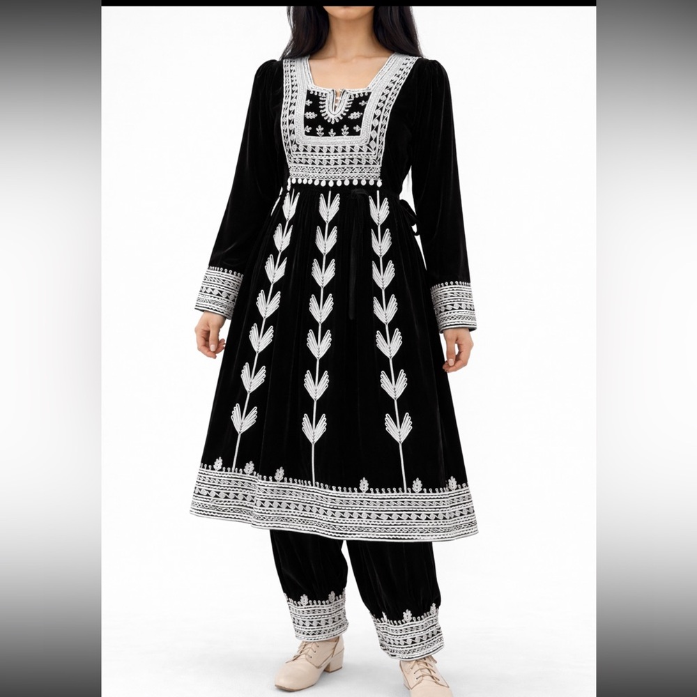 Velvet Black and Silver traditional Outfit from Afghanistan